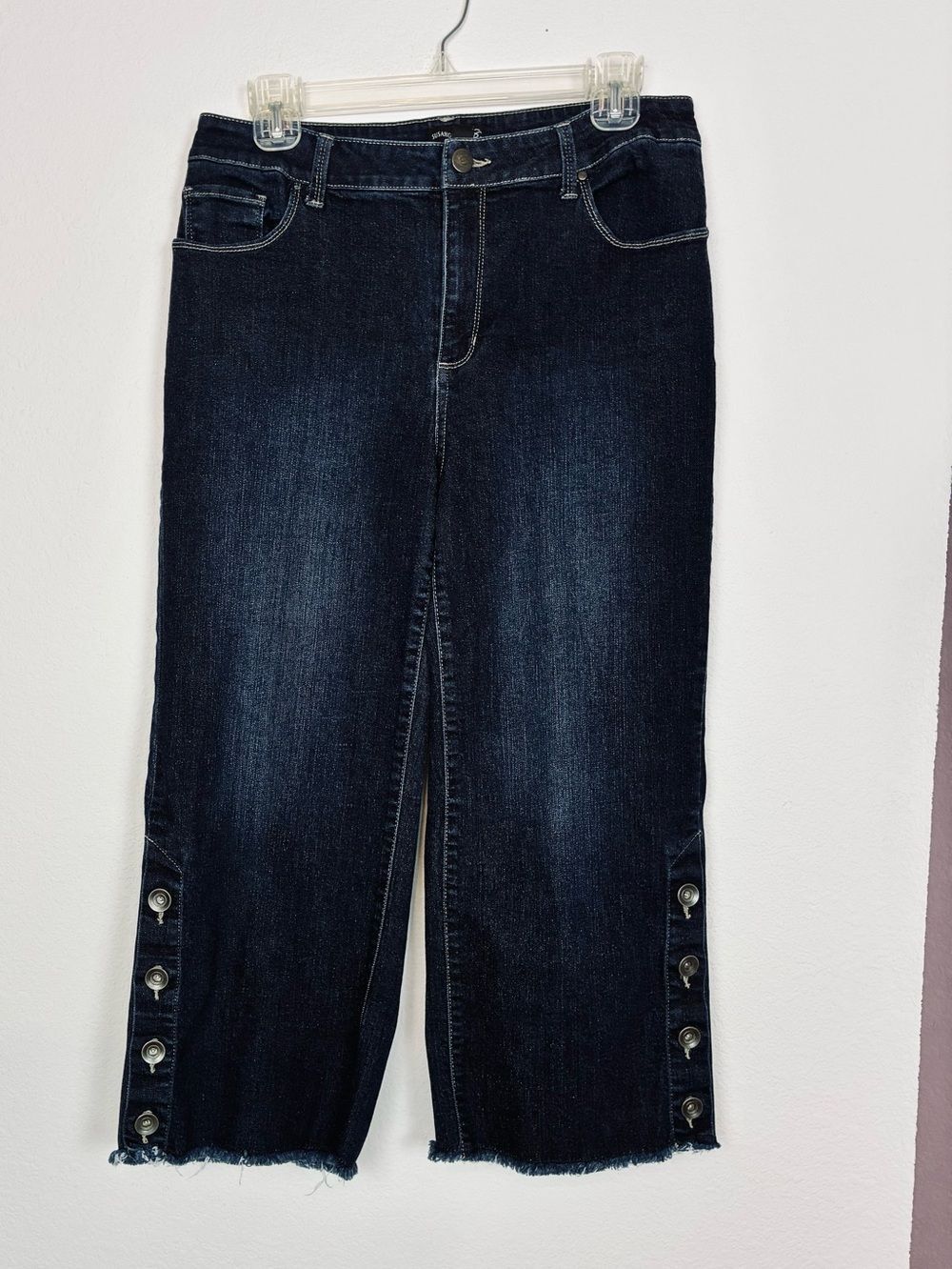 Susan Graver Dark Wash Metal Button-Trim Wider Leg Jeans, Cropped Raw Hem